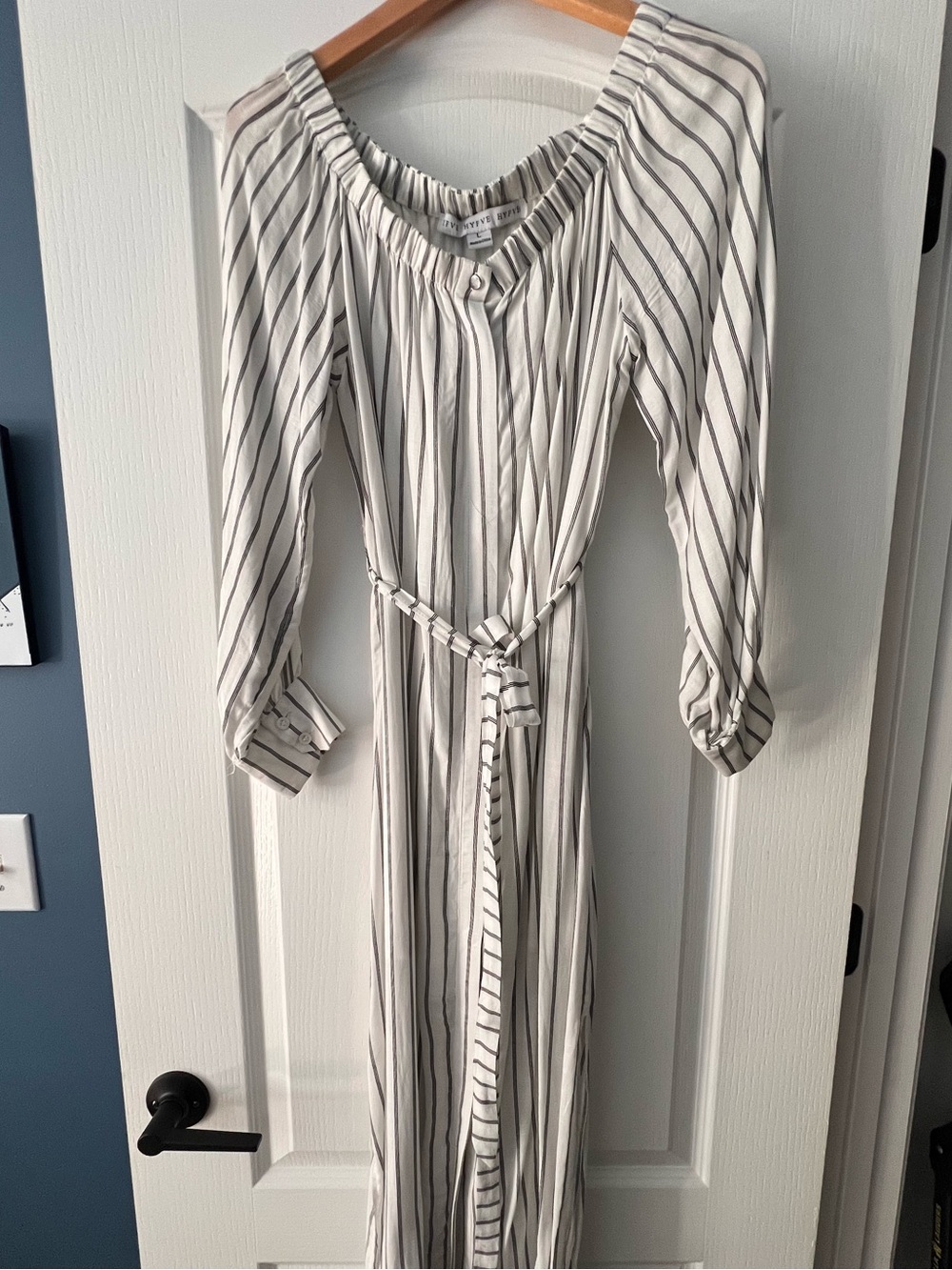 HYFVE White Maxi Dress with Black Stripes and Tie Waist